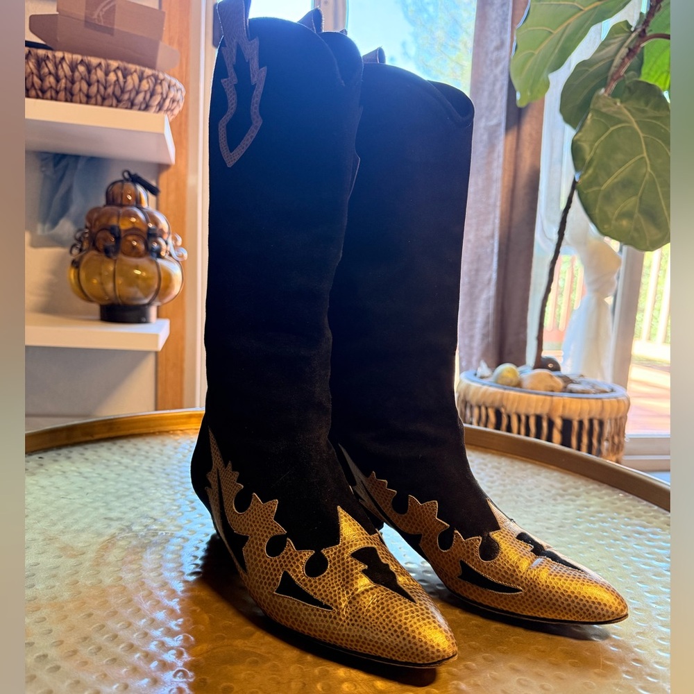 Rare European Designer Western Boots – Gold & Black Suede